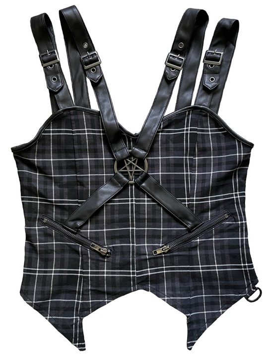 Killstar Tops - Killstar Black Plaid Gothic Harness Corset Top